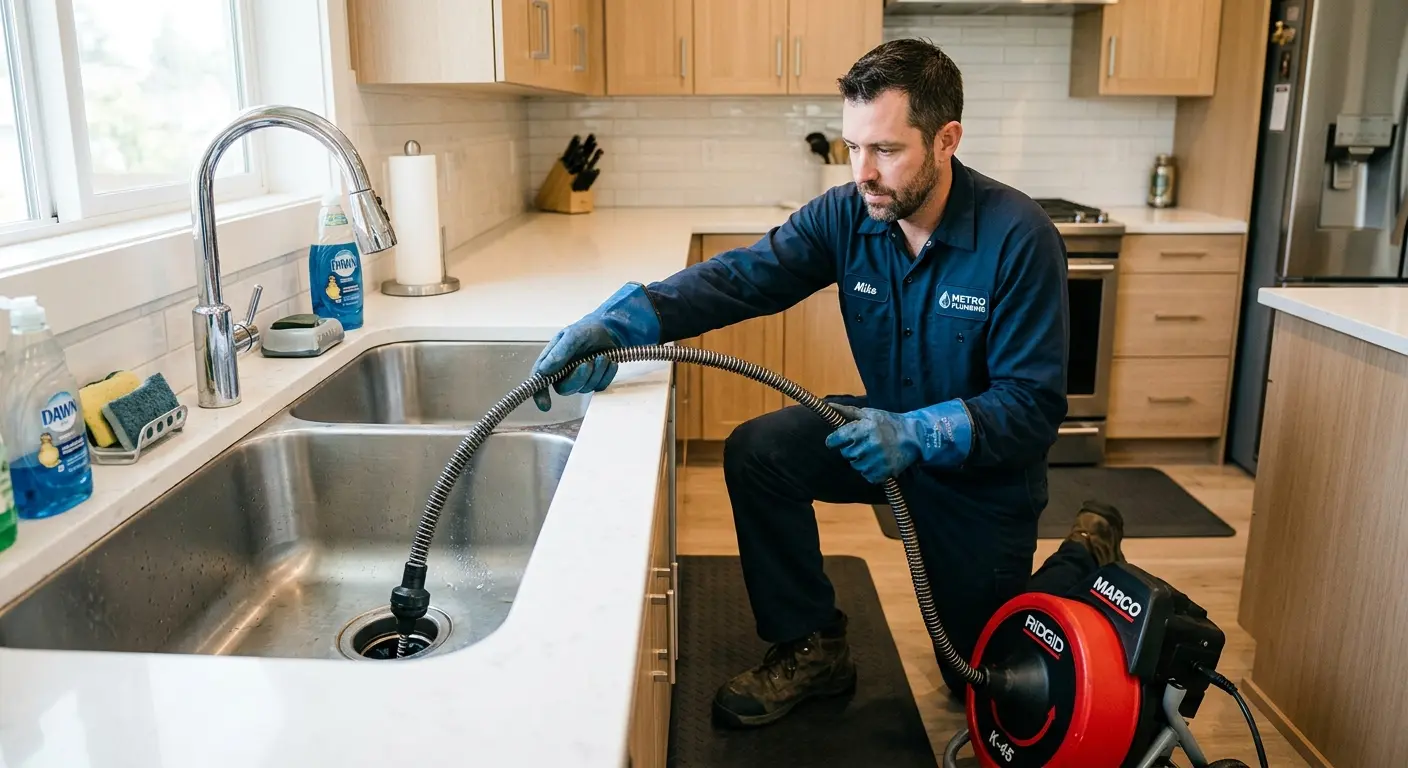 Drain cleaning technician using a motorized snake on a kitchen sink in Brewster