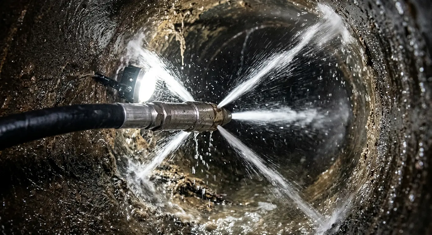 High-pressure hydro jetting nozzle cleaning sewer pipe for Sewer Cleanout in Brewster