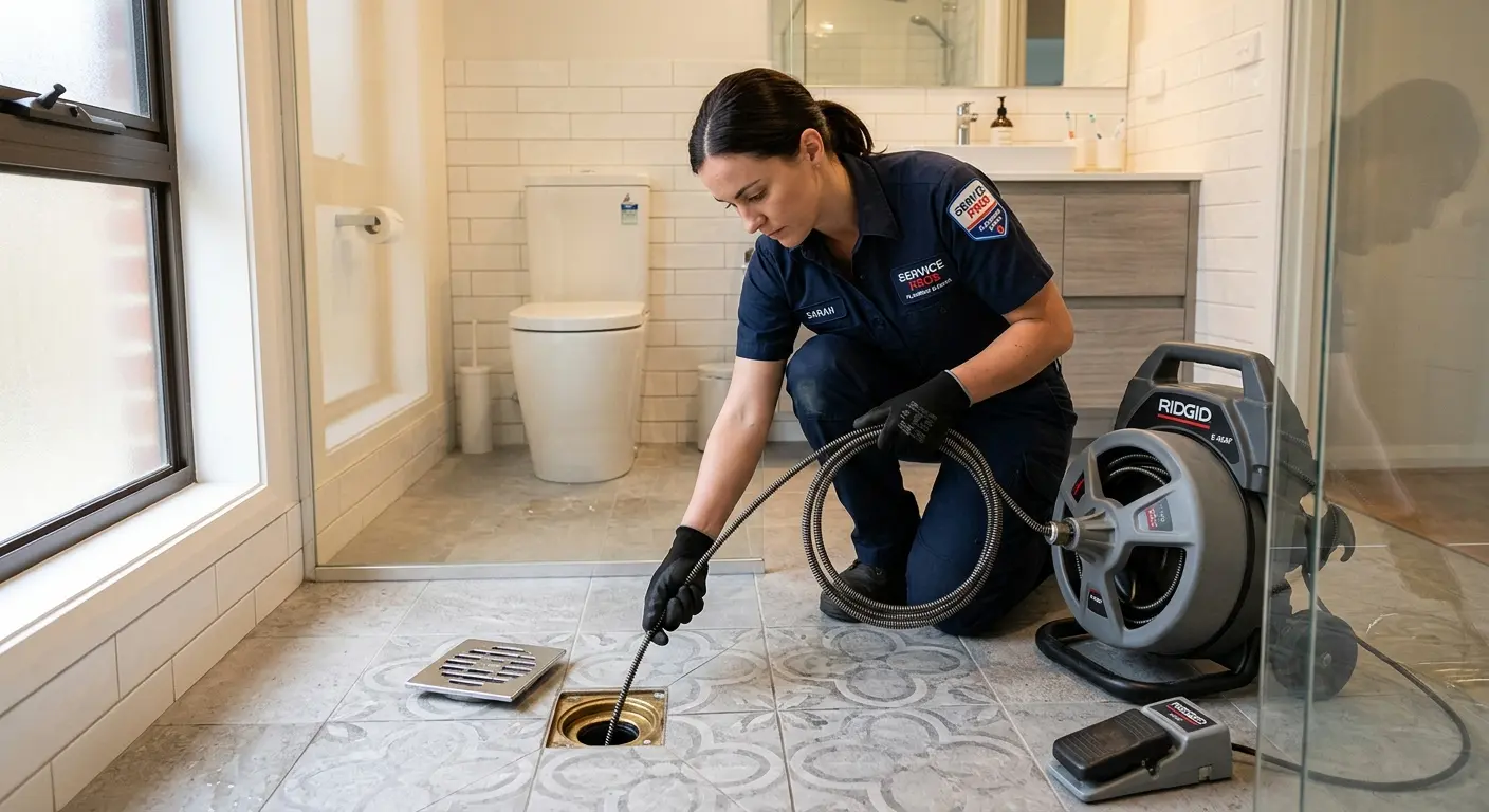 Technician clearing a bathroom floor drain for Sewer Line Replacement in Brewster